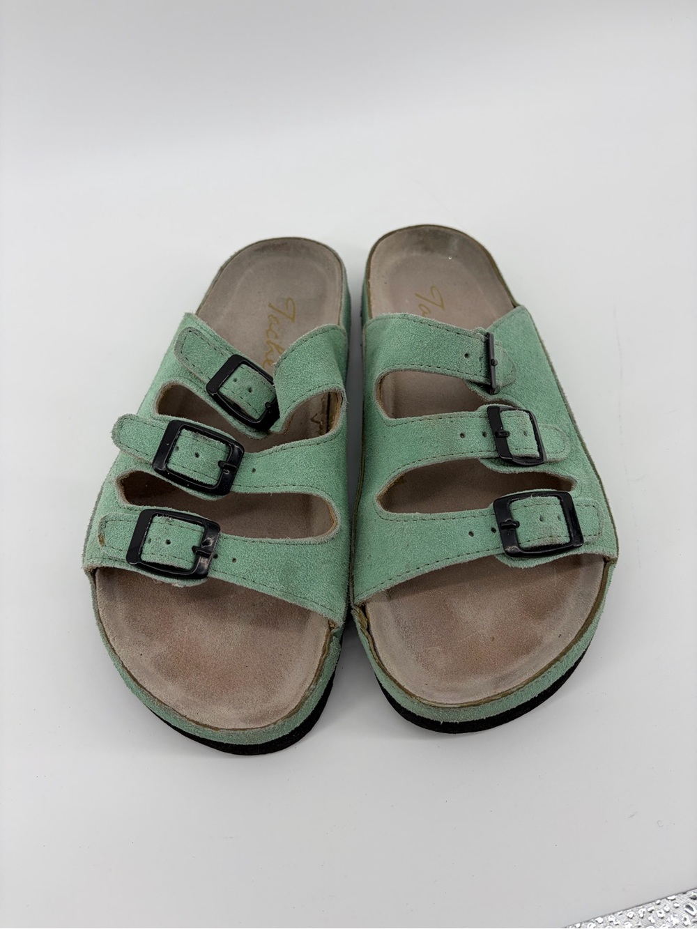 Tache Suede Leather Slide Sandals, Mint‎ Green, Triple Strap, Women's Size 7